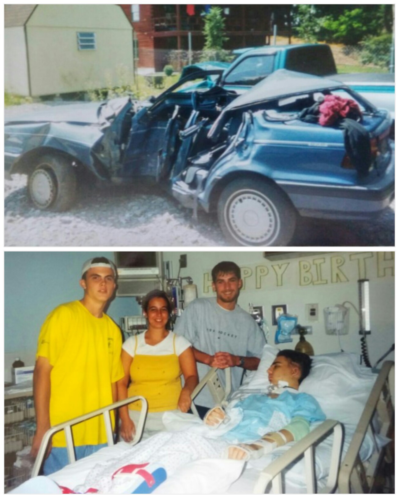 Jonathan's wrecked car and friends visiting him in the hospital